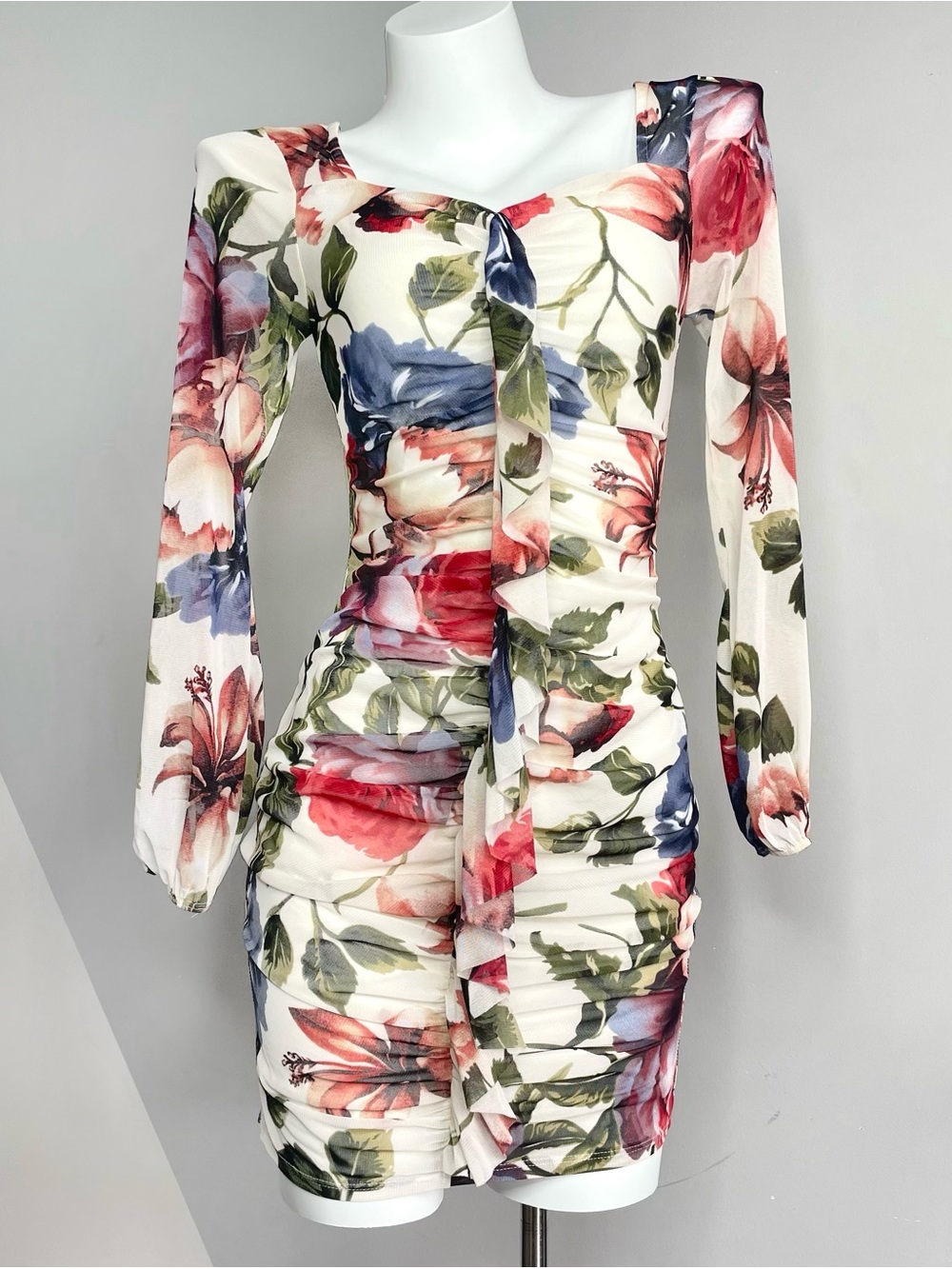 Floral Ruched Long-Sleeve Mini Dress